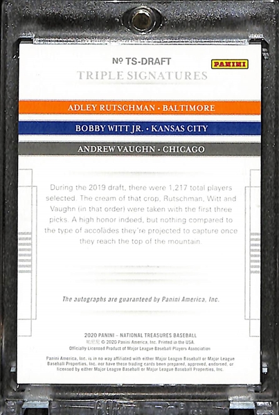 2020 Panini National Treasures Adley Rutschman/Bobby Witt Jr./Andrew Vaughn Triple Autograph #ed/50