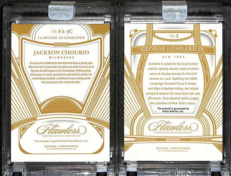 2024 Panini Flawless Jackson Chourio Rookie Autograph #ed/25 and 2024 Panini Flawless George Lombard Jr. Emerald #ed/5