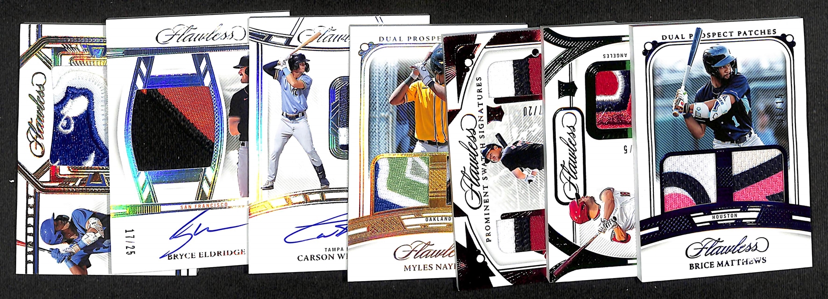 Lot of (7) 2024 Panini Flawless Serial Numbered Prospect/Rookie Relics and Relic Autographs w. Brice Matthews, Nolan Shanuel, Kyle Manzardo, Myles Naylor, Carson Williams, Bryce Eldridge, Kevin...
