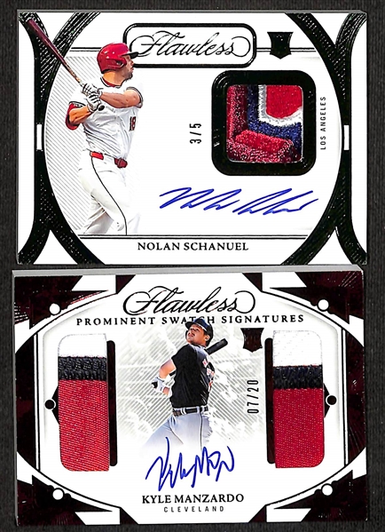 Lot of (7) 2024 Panini Flawless Serial Numbered Prospect/Rookie Relics and Relic Autographs w. Brice Matthews, Nolan Shanuel, Kyle Manzardo, Myles Naylor, Carson Williams, Bryce Eldridge, Kevin...