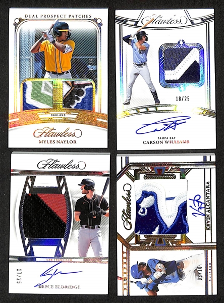 Lot of (7) 2024 Panini Flawless Serial Numbered Prospect/Rookie Relics and Relic Autographs w. Brice Matthews, Nolan Shanuel, Kyle Manzardo, Myles Naylor, Carson Williams, Bryce Eldridge, Kevin...