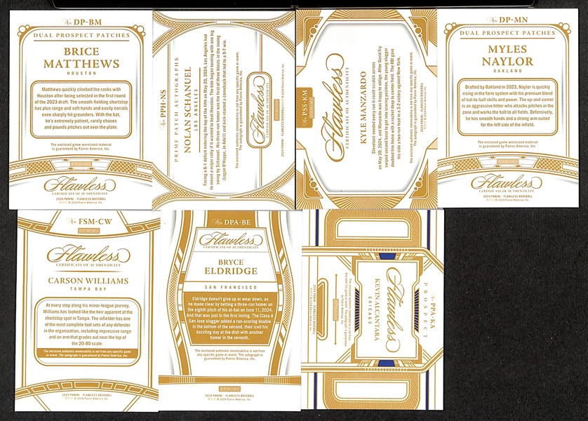 Lot of (7) 2024 Panini Flawless Serial Numbered Prospect/Rookie Relics and Relic Autographs w. Brice Matthews, Nolan Shanuel, Kyle Manzardo, Myles Naylor, Carson Williams, Bryce Eldridge, Kevin...