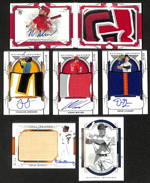 Lot of (10) 2024 Panini High End Serial Numbered Baseball Cards w. Owen Caissie, Mac Horvath, Starlyn Caba, Chien-Ming Wang, Termarr Johnson, Aidan Miller, Drew Gilbert, Eddie Murray, and Joe DiMaggio