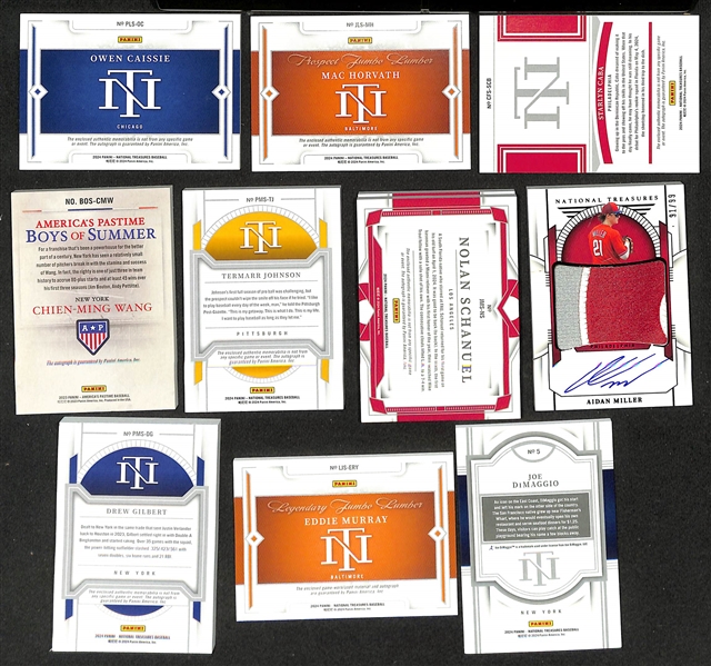 Lot of (10) 2024 Panini High End Serial Numbered Baseball Cards w. Owen Caissie, Mac Horvath, Starlyn Caba, Chien-Ming Wang, Termarr Johnson, Aidan Miller, Drew Gilbert, Eddie Murray, and Joe DiMaggio