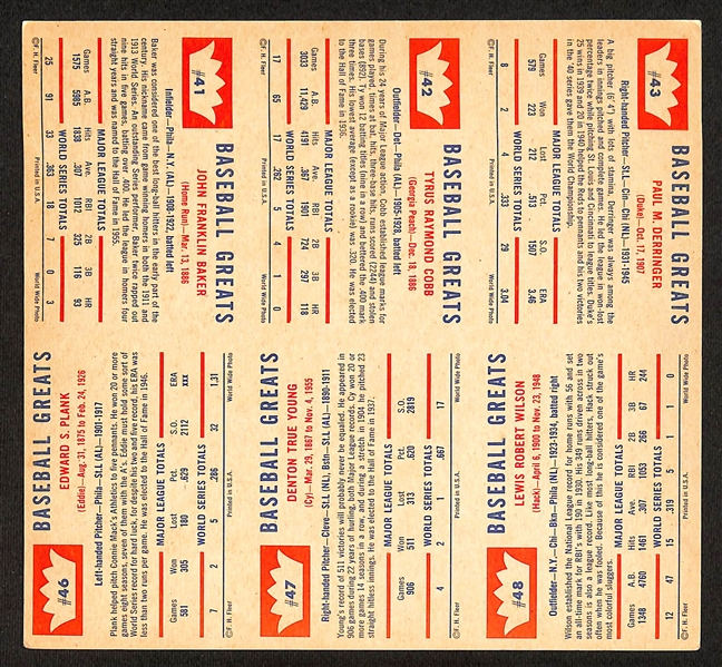 1960 Fleer Baseball Greats Uncut Sheet Panel (6 Cards) - Ty Cobb, Cy Young, Frank Home Run Baker, Eddie Plank, Paul Derringer, & Hack Wilson! 