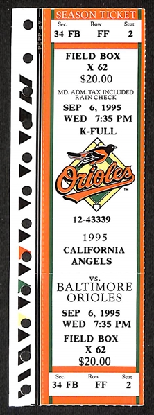 September 6, 1995 Used/Stamped Orioles Game Ticket - Ripken Breaks Iron Man Streak