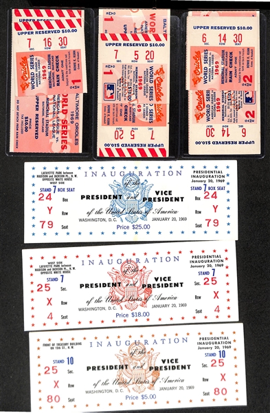 Lot of (3) 1969 World Series Complete Game Tickets & (3) 1969 Presidential Inaguration Complete Tickets