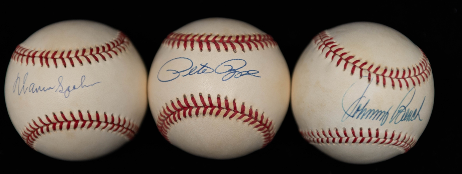Lot of (3) Signed Baseballs w. Johnny Bench, Pete Rose, Warren Spahn, +(JSA Auction Letter)