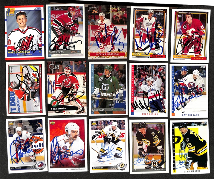 (375+) Signed Hockey Cards w. Martin Brodeur, Scott Stevens, (2) Nicklas Lidstrom, Theoren Fleury, + (JSA Auction Letter)
