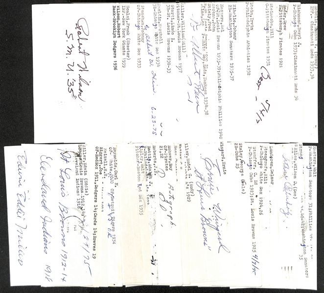 (45) Signed 1912-1930s Baseball Index Cards w. Edwin Eddie Miller, Joe Riggert, M.M. Meixell, JoJo White, +(JSA Auction Letter)