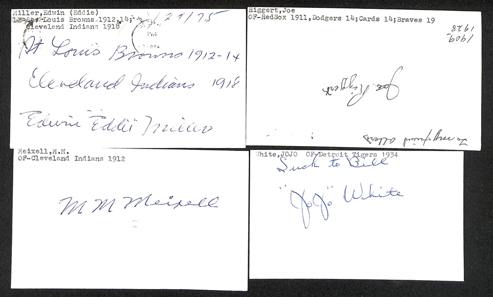 (45) Signed 1912-1930s Baseball Index Cards w. Edwin Eddie Miller, Joe Riggert, M.M. Meixell, JoJo White, +(JSA Auction Letter)