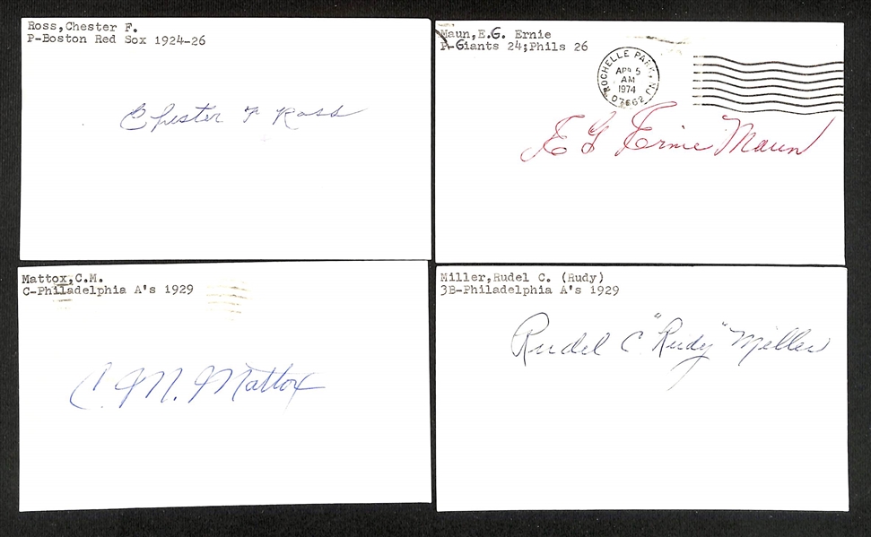 (45) Signed 1912-1930s Baseball Index Cards w. Edwin Eddie Miller, Joe Riggert, M.M. Meixell, JoJo White, +(JSA Auction Letter)