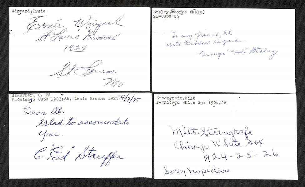 (45) Signed 1912-1930s Baseball Index Cards w. Edwin Eddie Miller, Joe Riggert, M.M. Meixell, JoJo White, +(JSA Auction Letter)