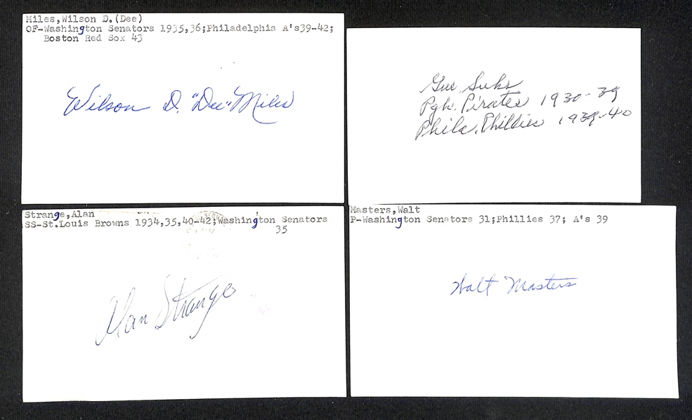 (45) Signed 1912-1930s Baseball Index Cards w. Edwin Eddie Miller, Joe Riggert, M.M. Meixell, JoJo White, +(JSA Auction Letter)