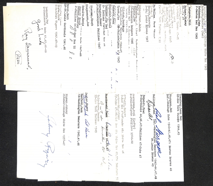 (50+) Signed 1940s Baseball Index Cards w. John Rigney, Jack Sanford, Harry Taylor, George Taliaferro, + (JSA Auction Letter)