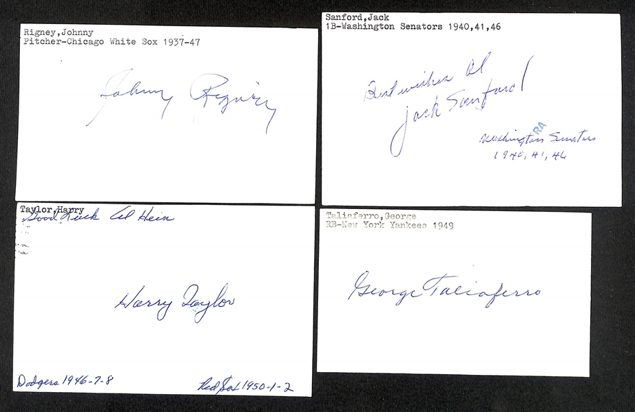 (50+) Signed 1940s Baseball Index Cards w. John Rigney, Jack Sanford, Harry Taylor, George Taliaferro, + (JSA Auction Letter)