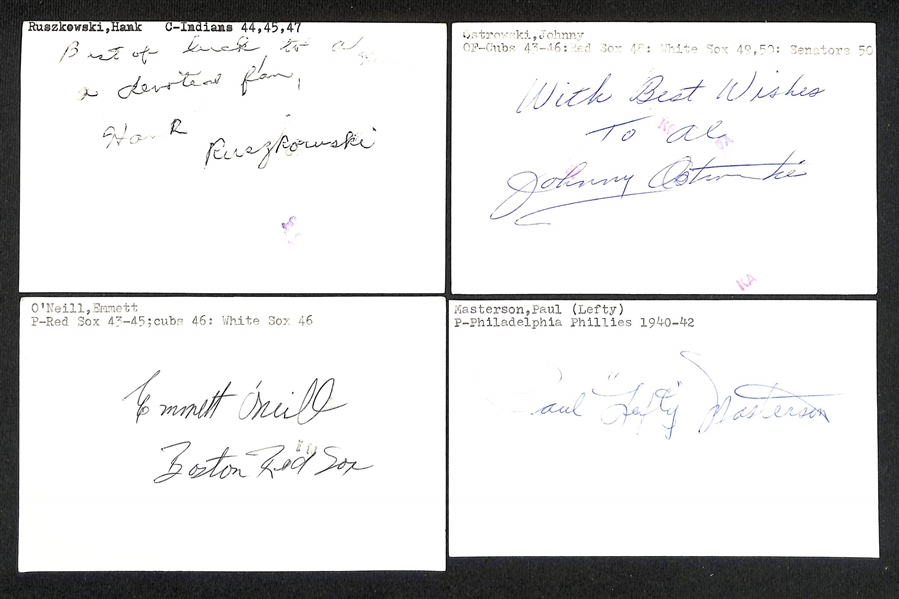 (50+) Signed 1940s Baseball Index Cards w. John Rigney, Jack Sanford, Harry Taylor, George Taliaferro, + (JSA Auction Letter)