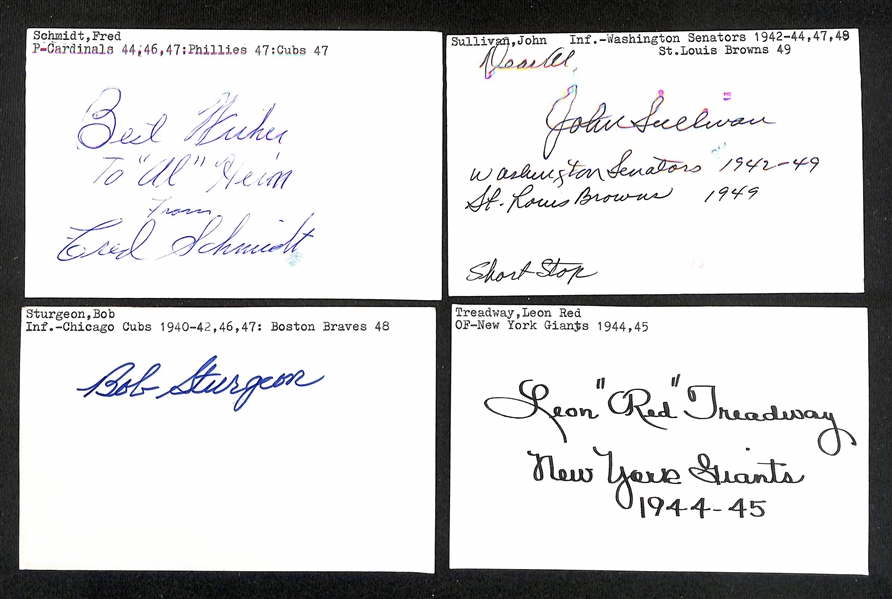 (50+) Signed 1940s Baseball Index Cards w. John Rigney, Jack Sanford, Harry Taylor, George Taliaferro, + (JSA Auction Letter)