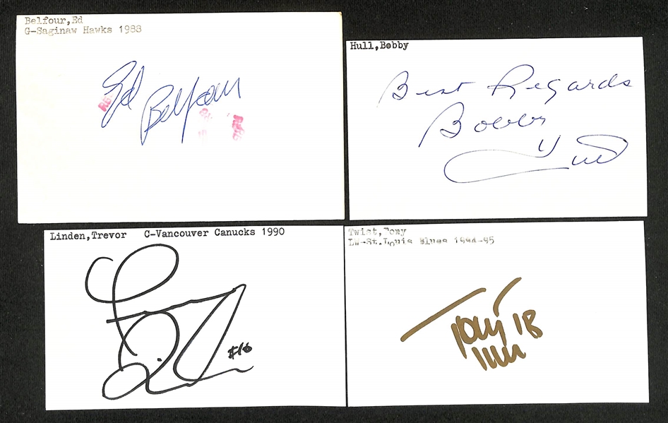 (300+) Signed Hockey Index Cards w. Ed Belfour, Bobby Hull, Trevor Linden, Tony Twist, +(JSA Auction Letter)