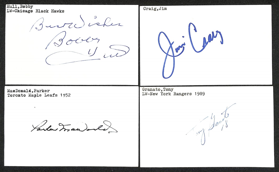(300+) Signed Hockey Index Cards w. Bobby Hull, Jim Craig, Parker MacDonald, Tony Granato, +(JSA Auction Letter)