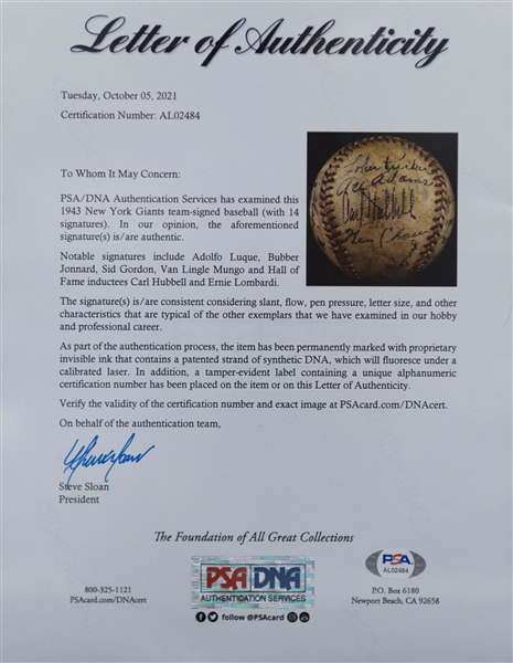 1943 New York Giants Team-Signed Baseball - 14 Signatures w. HOFers Carl Hubbell & Ernie Lombardi - Full PSA/DNA Letter 