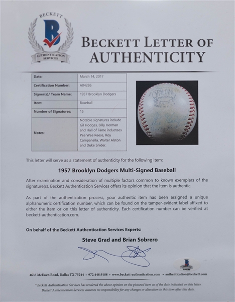 1957 Brooklyn Dodgers Team-Signed Baseball - 15 Signatures w. Roy Campanella - Full Beckett Letter of Authenticity