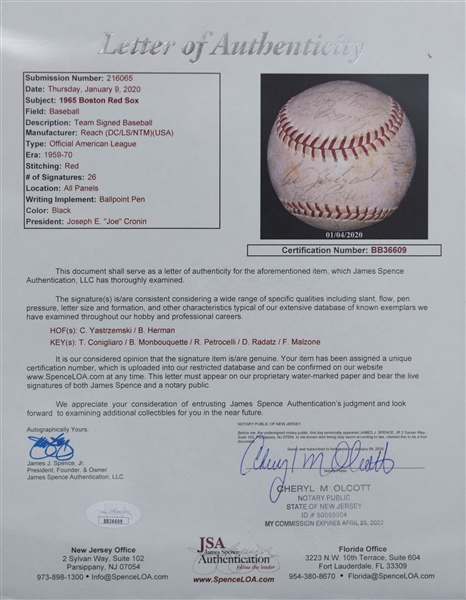 1965 Boston Red Sox Team-Signed Baseball - 26 Signatures w. HOFers Carl Yastrzemski & Billy Herman - Full JSA Letter of Authenticity