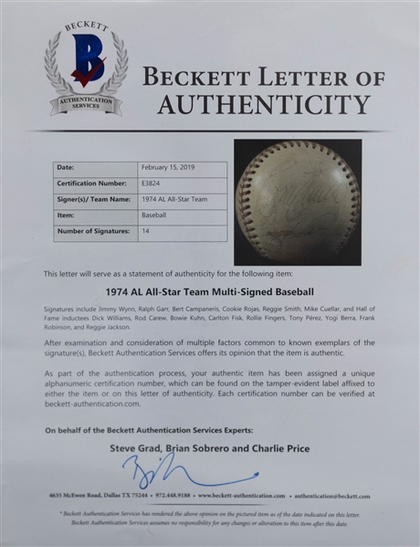 1974  American League All Star Team-Signed Baseball - 14 Signatures w. Yogi Berra & Reggie Jackson - Full Beckett Letter of Authenticity