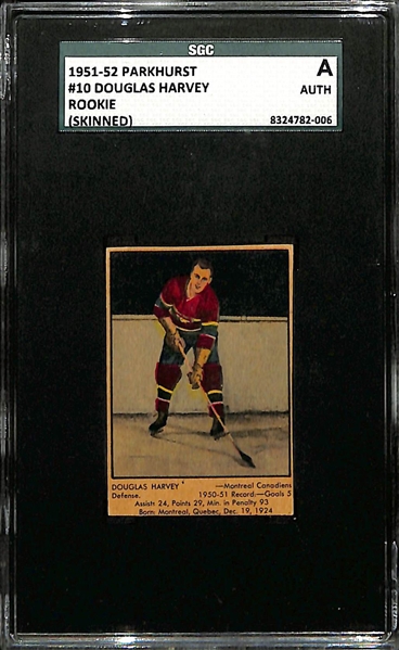 1951-52 Parkhurst Hockey Douglas Harvey (Canadians) Rookie Card #10 (HOF) Graded SGC Authentic (Skinned)