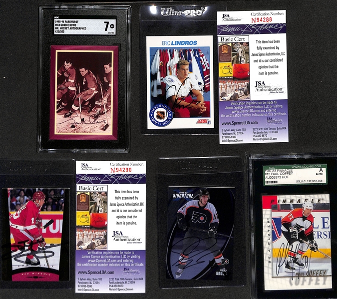 (5) Autographed Hockey Cards - Gordie Howe, Eric Lindros, Steve Yzerman, Simon Gagne, & Paul Coffey 