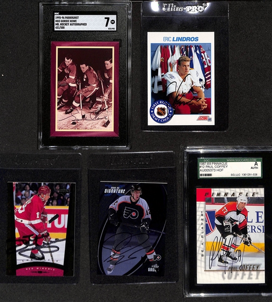 (5) Autographed Hockey Cards - Gordie Howe, Eric Lindros, Steve Yzerman, Simon Gagne, & Paul Coffey 