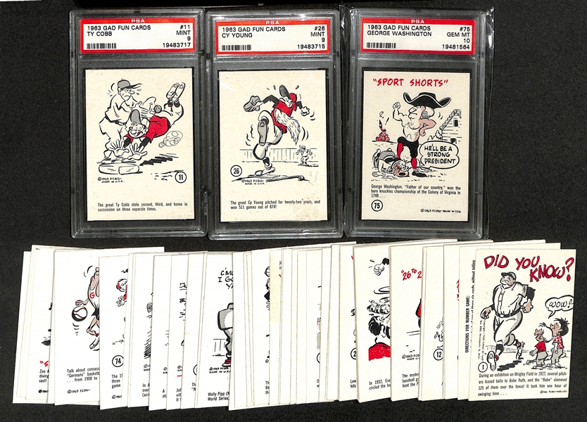 Lot of (55) Different 1963 GAD Fun Cards w. (3) Graded Cards Including Ty Cobb #11 PSA 9
