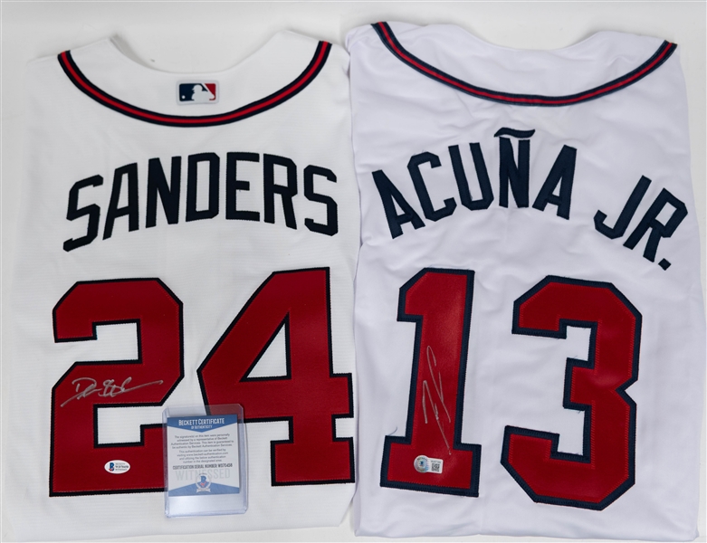 Lot of (2) Signed Atlanta Braves White Jerseys w. Ronald Acuna Jr. and Deion Sanders (Beckett COA/Sticker)