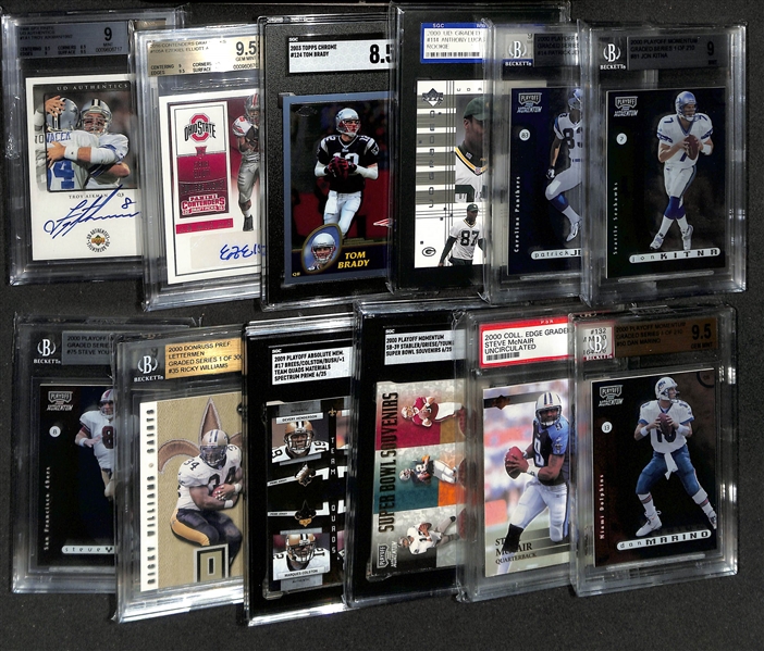 Lot of (12) Graded Football Cards w. Troy Aikman Auto, Ezekiel Elliott Auto, Tom Brady