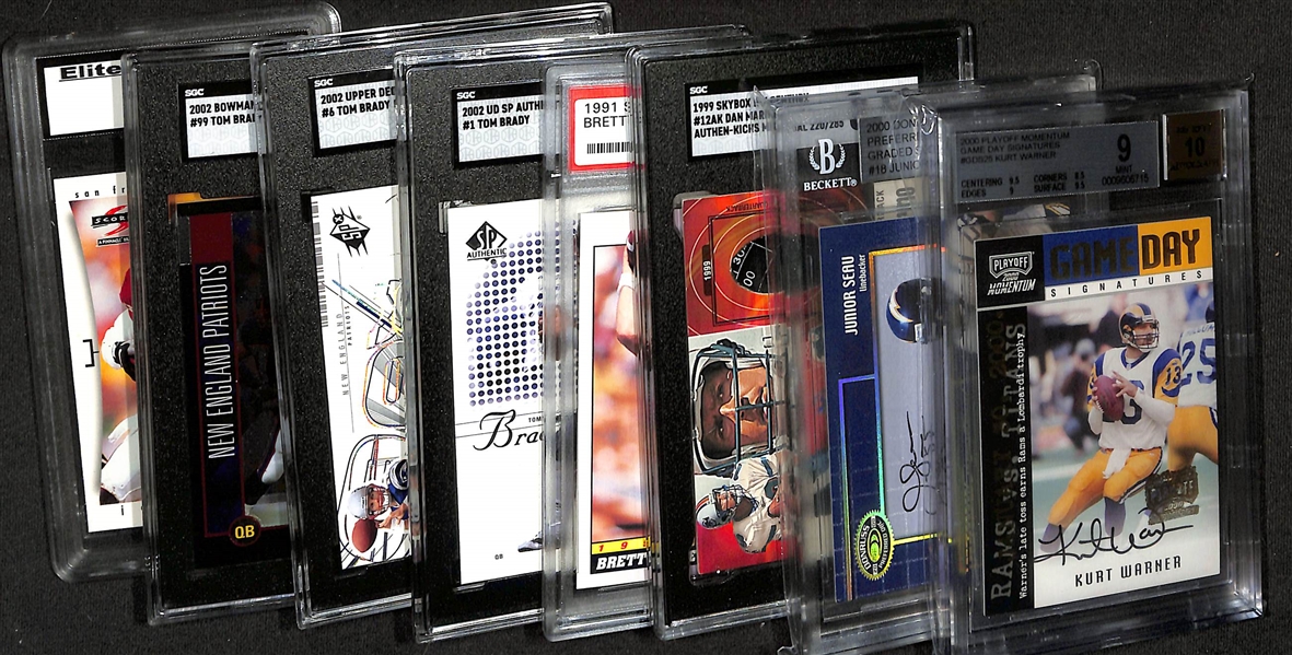 Lot of (8) Graded Football Cards inc. 2000 Playoff Momentum Kurt Warner Autograph (BGS 9) (10 Auto), 2000 Donruss Preferred Junior Seau Autograph (BGS 8.5), +
