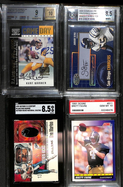 Lot of (8) Graded Football Cards inc. 2000 Playoff Momentum Kurt Warner Autograph (BGS 9) (10 Auto), 2000 Donruss Preferred Junior Seau Autograph (BGS 8.5), +