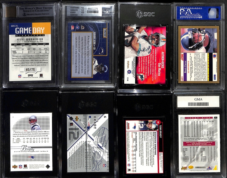 Lot of (8) Graded Football Cards inc. 2000 Playoff Momentum Kurt Warner Autograph (BGS 9) (10 Auto), 2000 Donruss Preferred Junior Seau Autograph (BGS 8.5), +