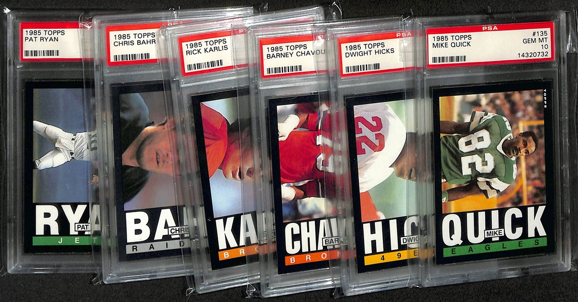 Lot of (6) PSA Grade 10 1985 Topps Football Cards- Mike Quick, Dwight Hicks, Barney Chavous, Rick Karlis, Chris Bahr, Pat Ryan