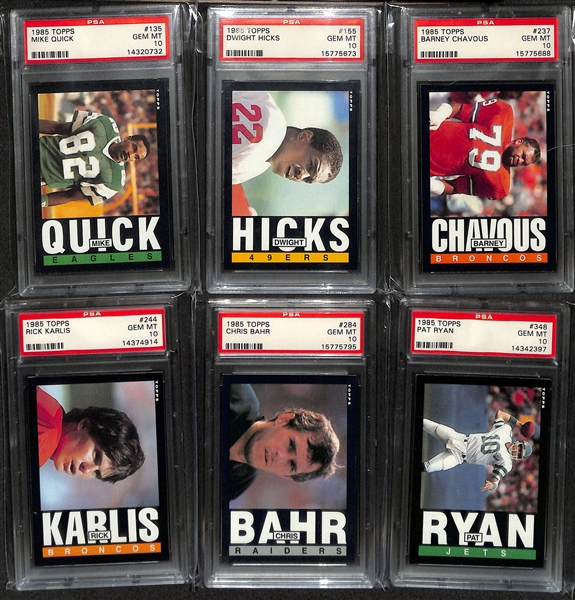 Lot of (6) PSA Grade 10 1985 Topps Football Cards- Mike Quick, Dwight Hicks, Barney Chavous, Rick Karlis, Chris Bahr, Pat Ryan