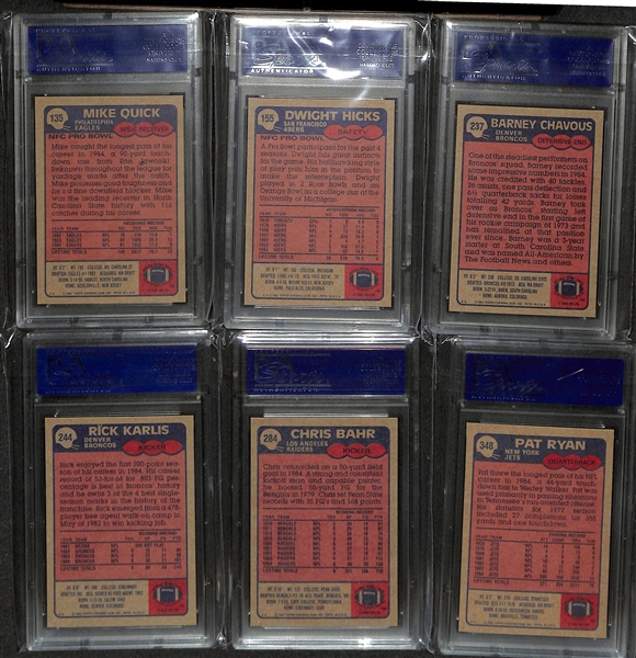 Lot of (6) PSA Grade 10 1985 Topps Football Cards- Mike Quick, Dwight Hicks, Barney Chavous, Rick Karlis, Chris Bahr, Pat Ryan