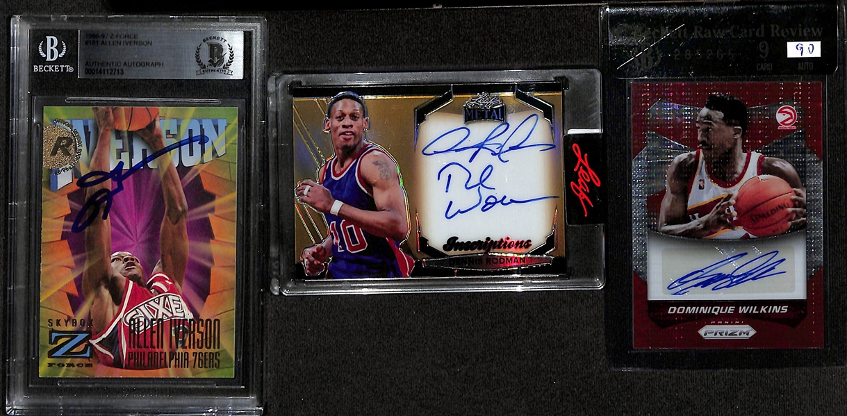 Lot of (14) Basketball Autograph Cards inc. 1996-97 Z-Force Allen Iverson Rookie (BGS Authentic), 2024 Leaf Metal Inscriptions Dennis Rodman (#/100), 2014-15 Prizm Dominique Wilkins Red Pulsar (BGS...