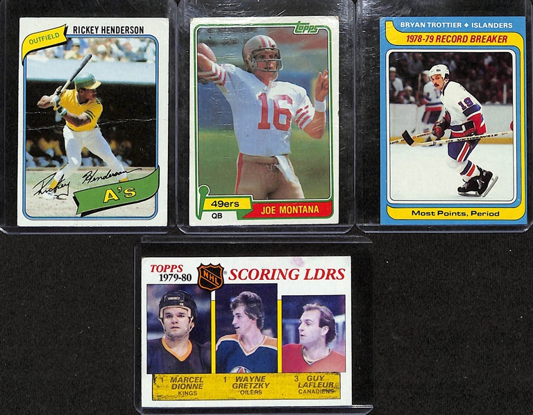 Lot of (20) Late-1970's to Early-1980's Sports Cards w. Rickey Henderson, Joe Montana, Bryan Trottier, Wayne Gretzky