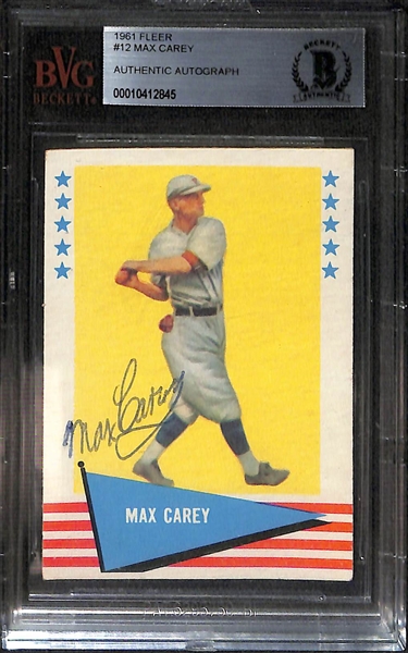 (2) Signed Vintage HOFer Cards - 1960 Fleer Lefty Grove & 1961 Fleer Max Carey (Both Beckett Authenticated/Slabbed)