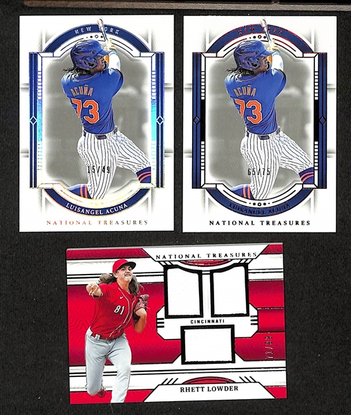Lot of (21) 2016 Leaf Trinity and 2024 Panini National Treasures Baseball Cards w. Luisangel Acuna, Rhett Lowder, Alex Verdugo, Edgar Martinez 