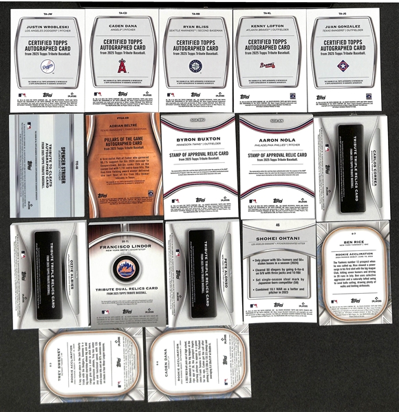 Lot of (17) 2025 Topps Tribute Baseball Cards w. Autographs, Patches (some with holographic stamp), #ed and base cards