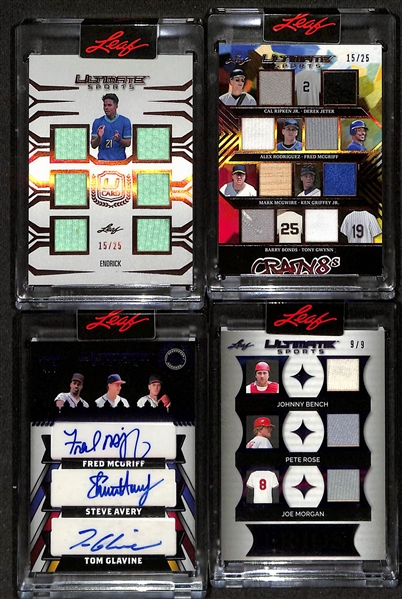 Lot of (4) 2024 Leaf Ultimate Sports Multi-Sport #ed Patches and Autographs w. Endrick, Barry Bonds, Tom Glavine, Johnny Bench
