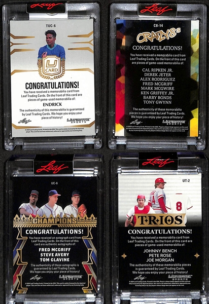 Lot of (4) 2024 Leaf Ultimate Sports Multi-Sport #ed Patches and Autographs w. Endrick, Barry Bonds, Tom Glavine, Johnny Bench
