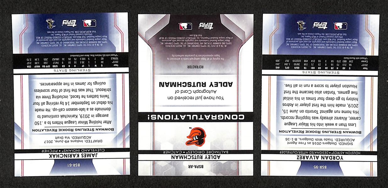 Lot of (12) 2020 Bowman Sterling w. Yordan Alverez RC #/25, Adley Rutschman Auto #150, James Karinchak RC, (2) 2020 Panini Absolute Auto Relics #/125, & (2) 2020 Panini Immaculate Collection...
