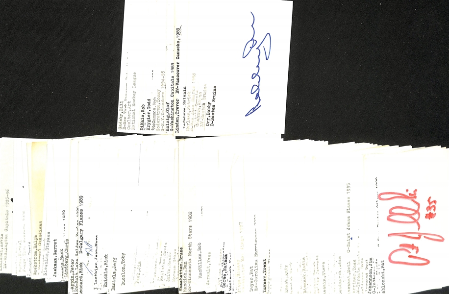 Lot of (225+) Signed Hockey Index Cards w. Bobby Orr, Wayne Cashman, Dennis Hextall, Patrick Marlean, + (JSA Auction Letter)