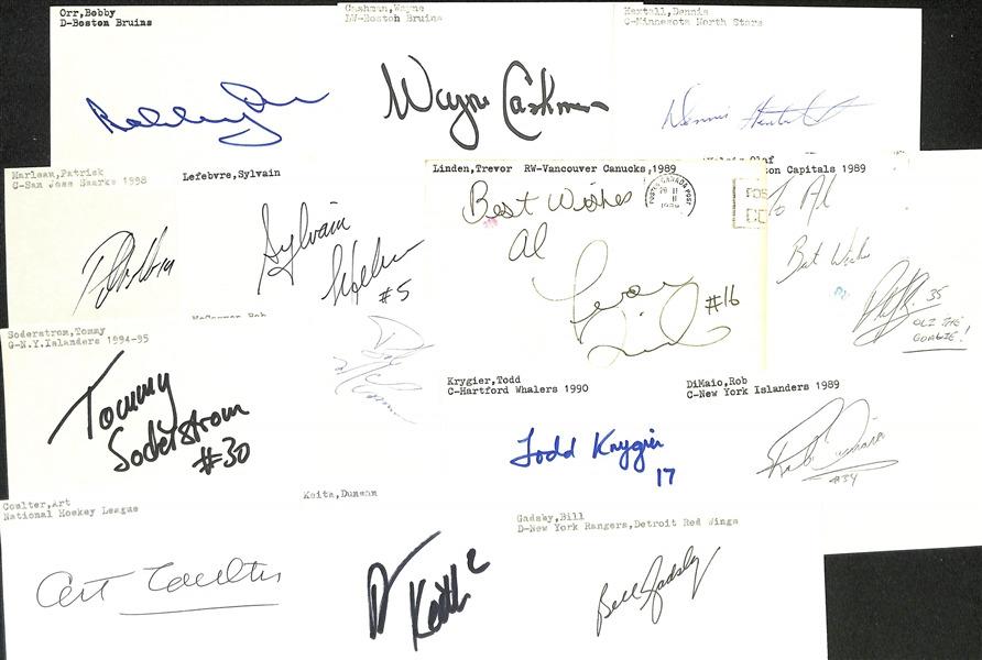 Lot of (225+) Signed Hockey Index Cards w. Bobby Orr, Wayne Cashman, Dennis Hextall, Patrick Marlean, + (JSA Auction Letter)